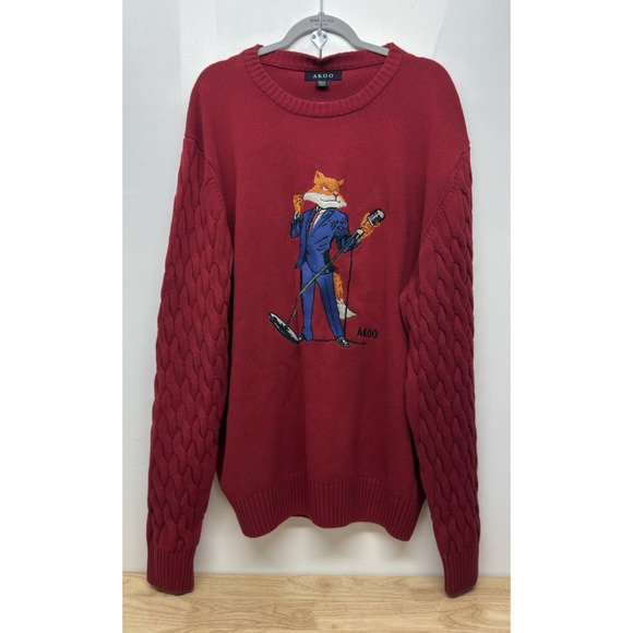 Men's AKOO SLUGGER SLICK SWEATER 3XL STREETWEAR Red Cable Knit Pullover #50 - Picture 1 of 8